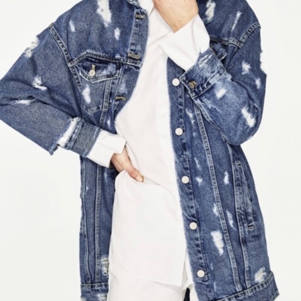Oversized distressed long jean jacket